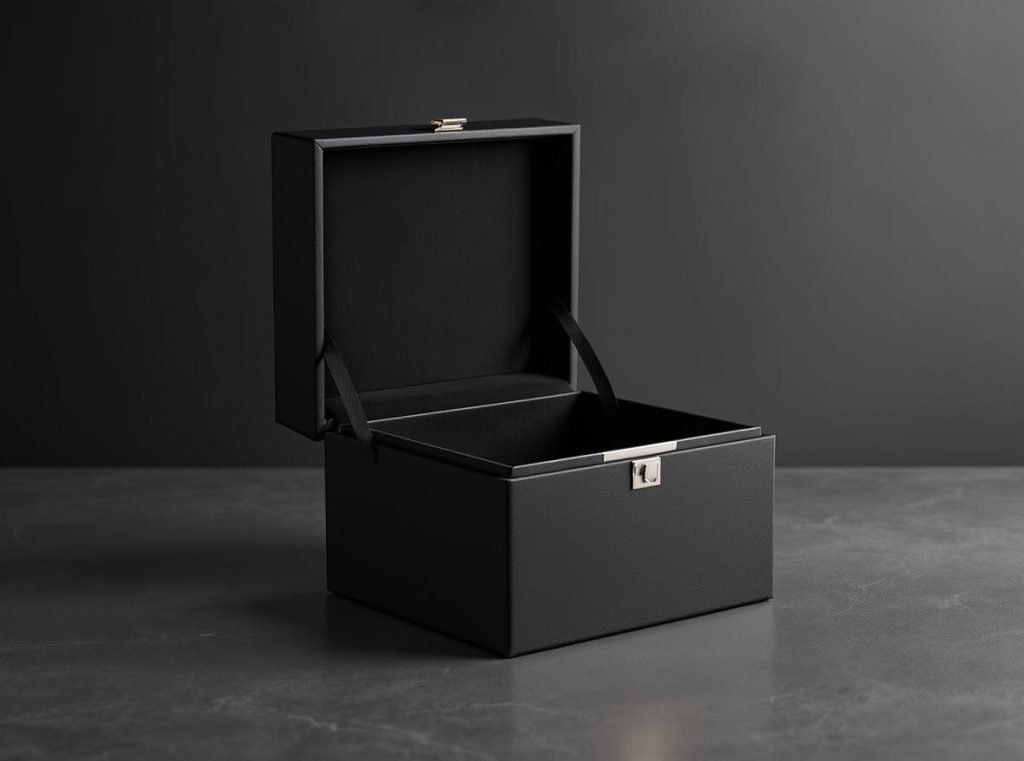 Two-piece rigid box with separated lid and base showing luxury packaging design