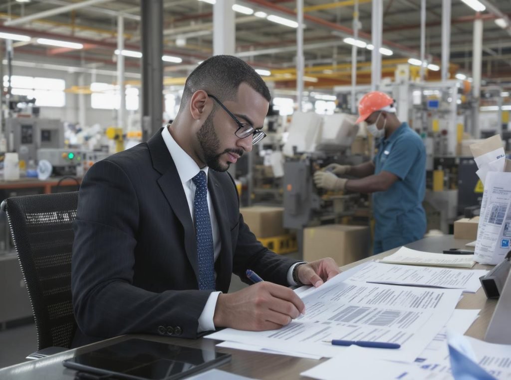 Professional businessman reviewing purchase order documentation with Chinese factory in background