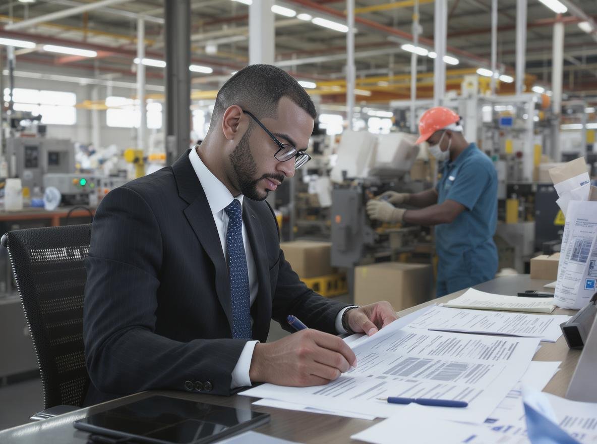 Professional businessman reviewing purchase order documentation with Chinese factory in background