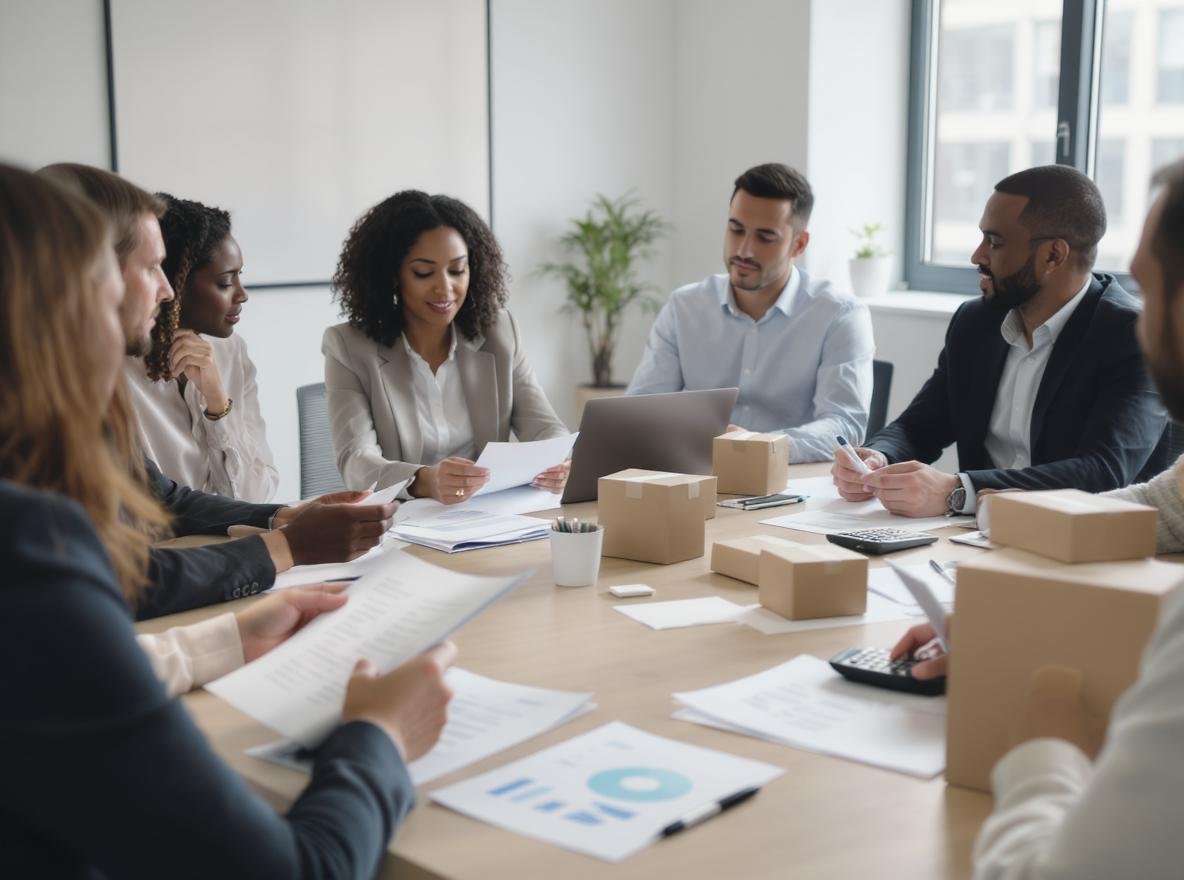 Professional team reviewing RFQ documents and packaging samples in modern office meeting