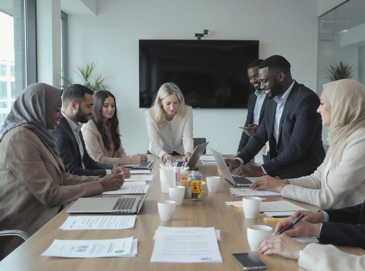 Industry-specific packaging suppliers meeting with business executives reviewing certifications and compliance documents