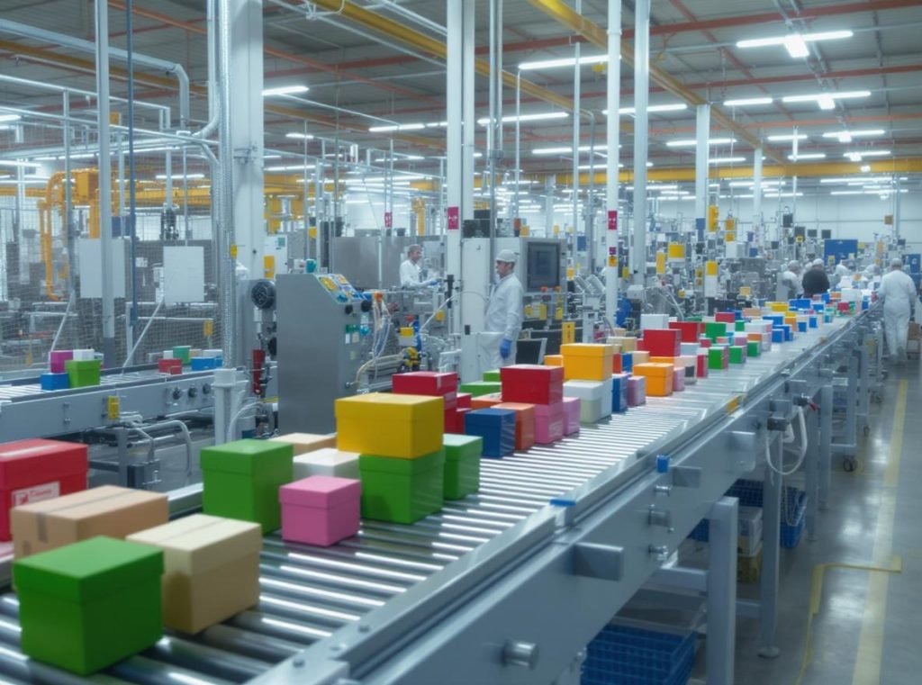 Custom packaging production timeline - factory manufacturing line with boxes