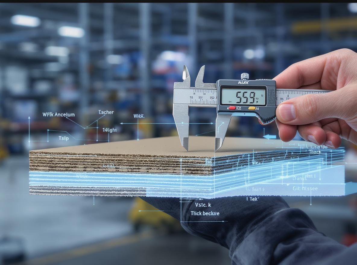 Professional measuring rigid board thickness with digital calipers showing packaging material specifications