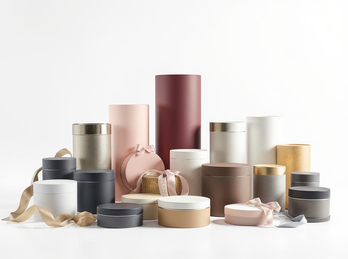 Various cylindrical rigid boxes in different sizes and premium materials for luxury packaging applications