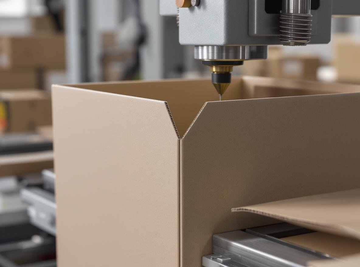 V-groove rigid box construction showing precise corner cutting and luxury packaging manufacturing process