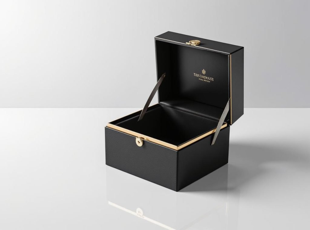 Premium hinged lid rigid box opening to reveal luxury packaging benefits and elegant design