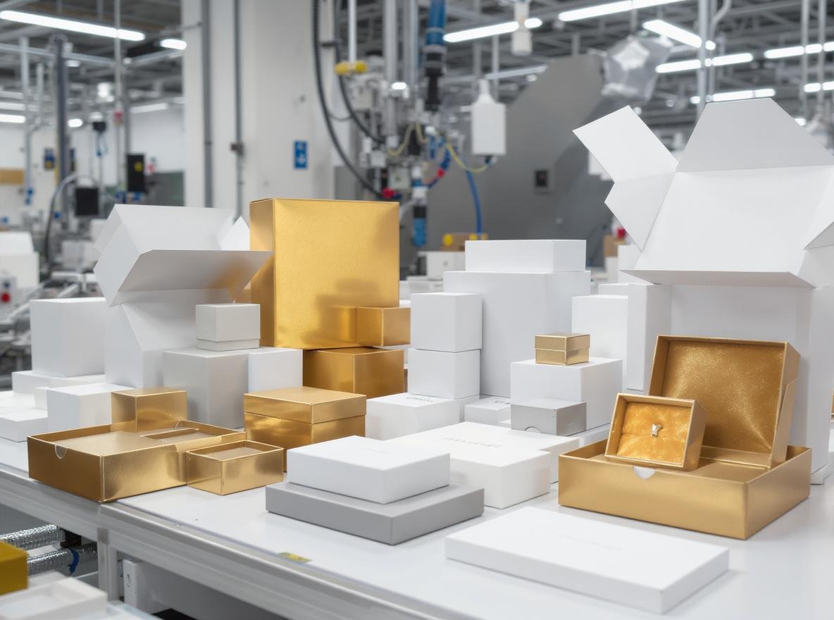 Custom-shaped rigid box manufacturing process showing luxury packaging production