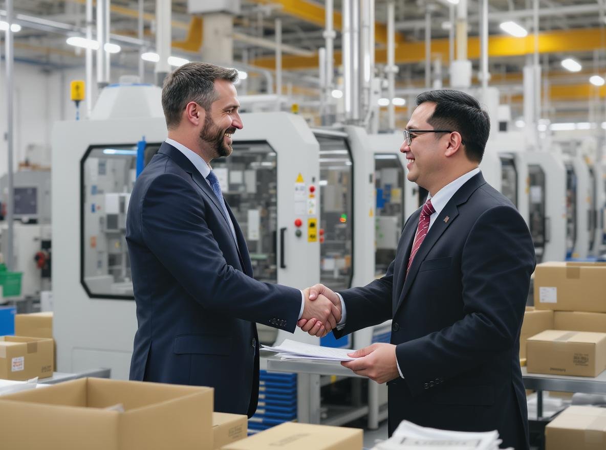 Professional handshake between Western businessman and Chinese packaging factory manager