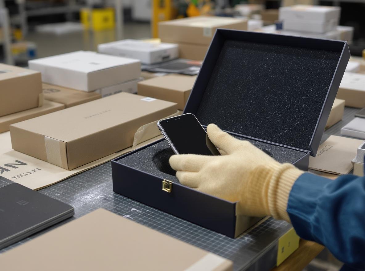 Professional electronics packaging in rigid boxes with foam inserts and anti-static materials