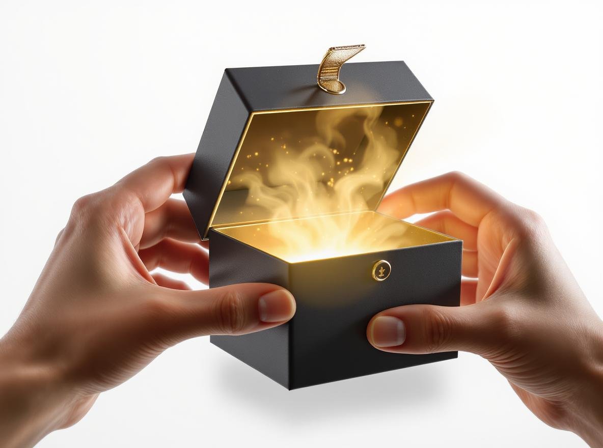 Premium rigid box opening with golden light revealing luxury unboxing experience