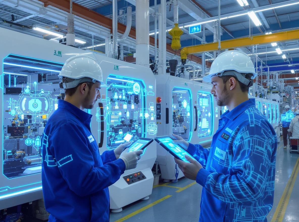 Modern Chinese factory with engineers using digital technology for technical support