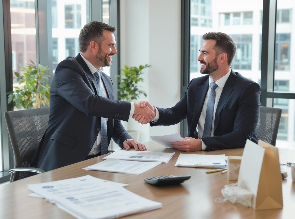 Business professionals shaking hands during price negotiation meeting with packaging samples on conference table