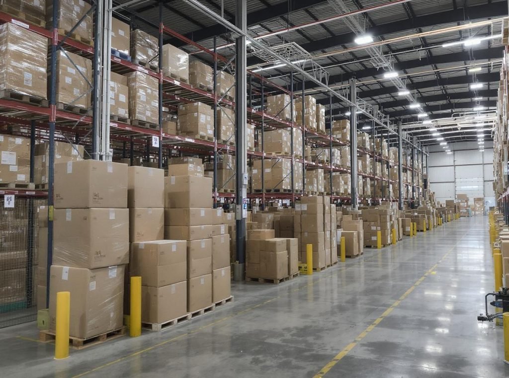 Professional warehouse showing proper corrugated box storage with organized stacks on pallets and climate control