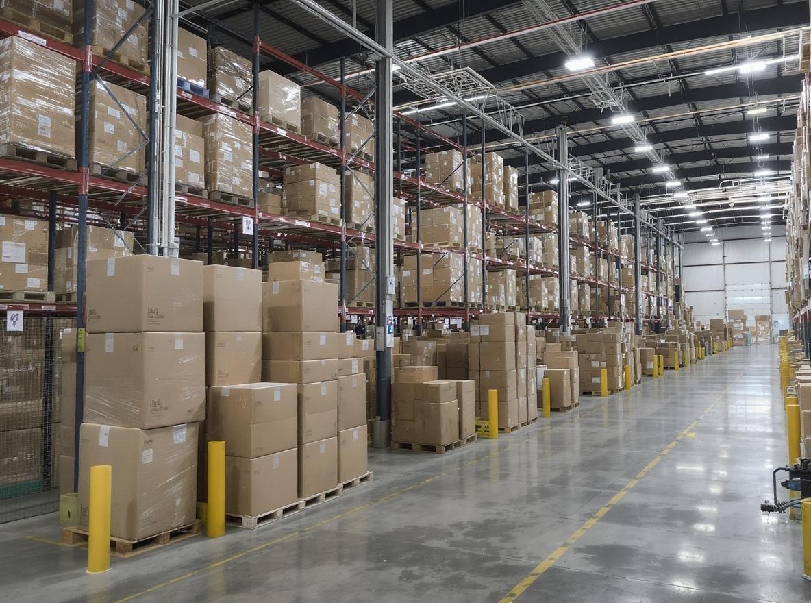 Professional warehouse showing proper corrugated box storage with organized stacks on pallets and climate control