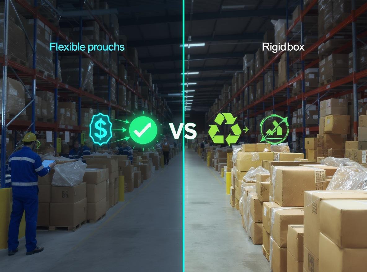 Flexible packaging vs rigid boxes comparison in modern warehouse showing cost savings and sustainability benefits
