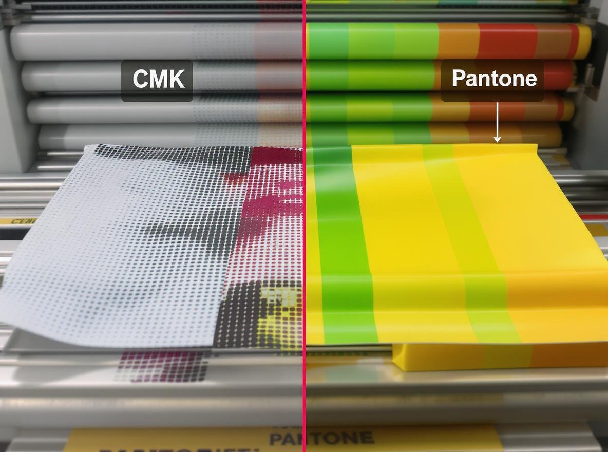CMYK vs Pantone printing comparison for packaging boxes showing color differences