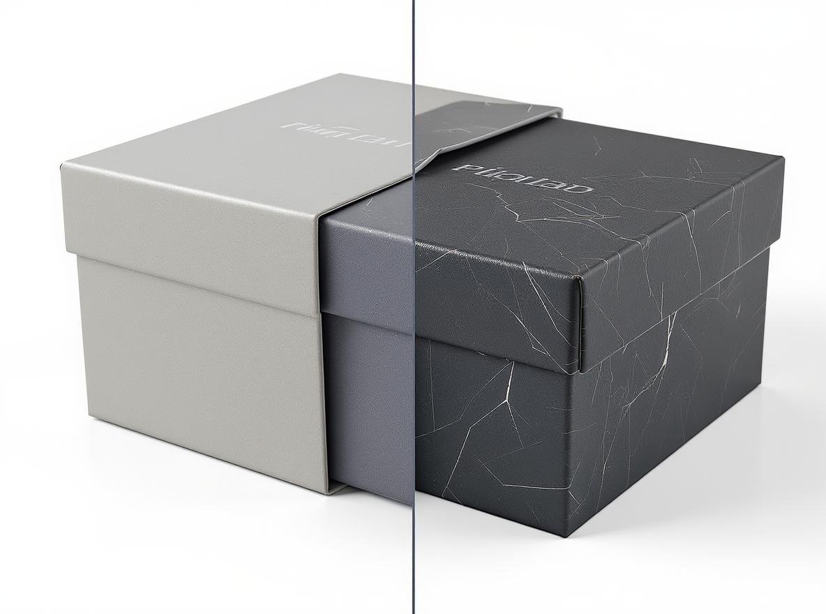 Rigid box manufacturing defects comparison showing perfect vs defective luxury packaging