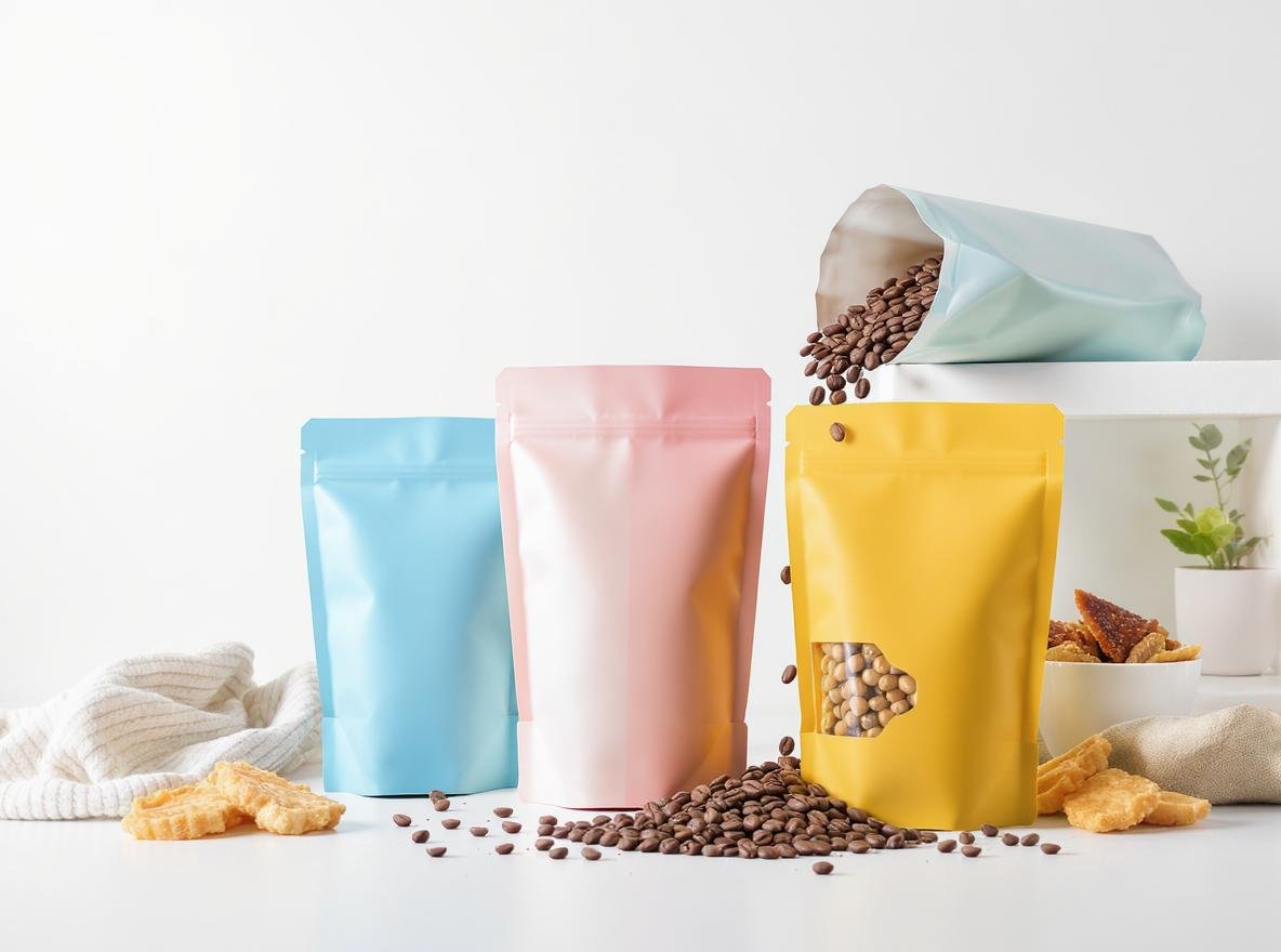 Stand-up pouches for food products displaying coffee, snacks, and various food items on modern shelving