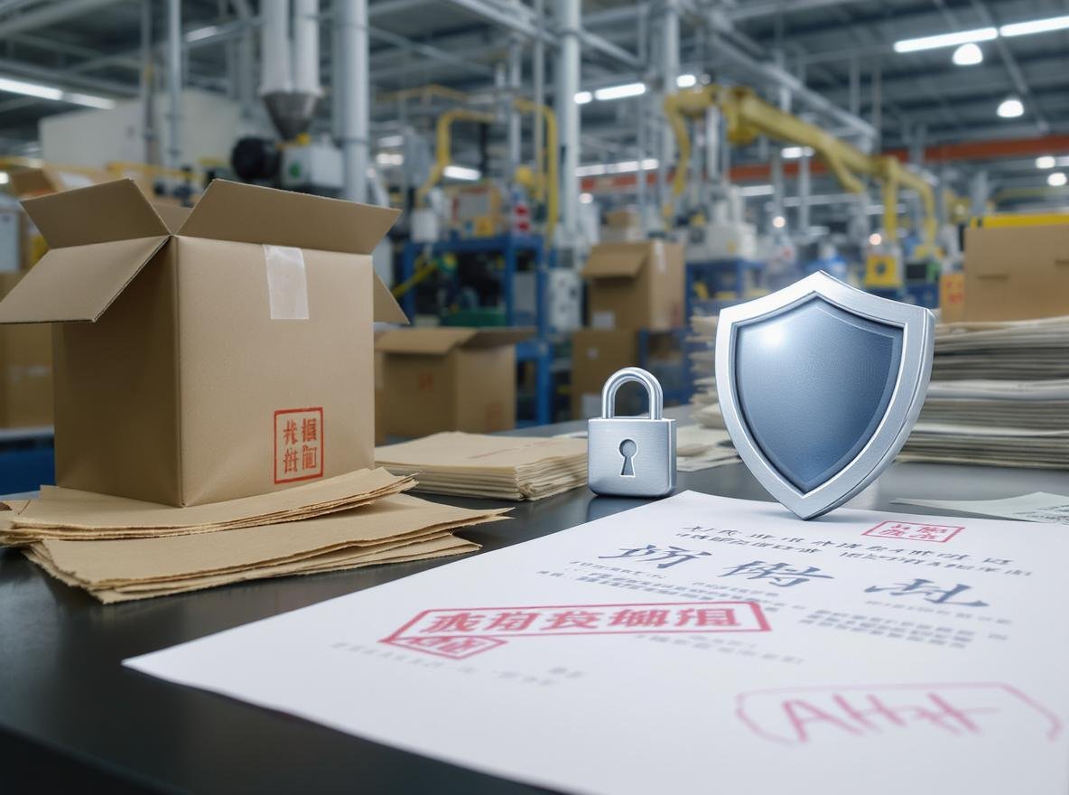 Intellectual property protection for custom packaging manufacturing in China with legal documents and security symbols