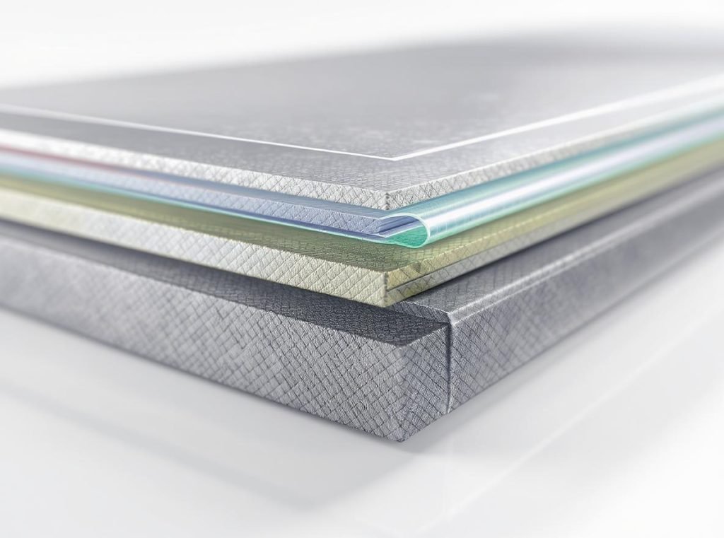 Cross-section of multilayer barrier film showing different protective layers for pouch packaging