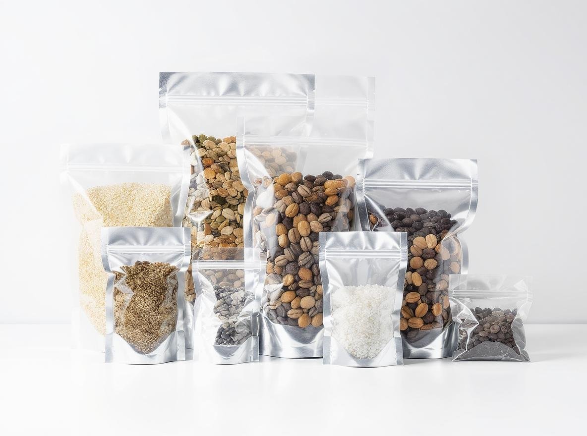 Various sizes of silver Mylar bags for long-term food storage with grains and coffee beans