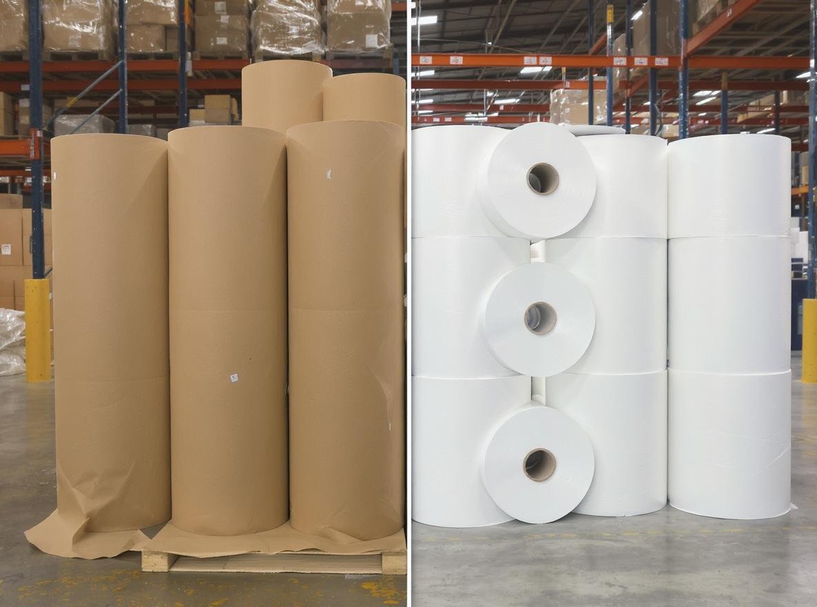 Comparison of brown unbleached kraft paper rolls and white bleached kraft paper rolls in warehouse setting