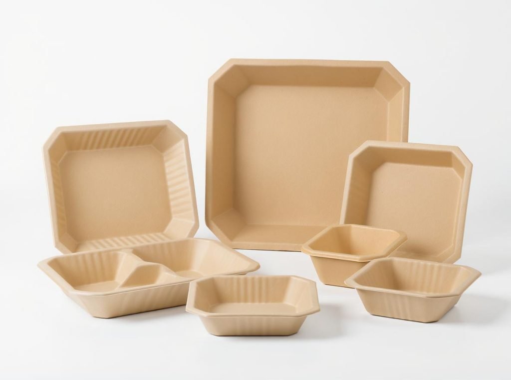 Molded pulp packaging products displaying sustainable eco-friendly biodegradable containers and trays