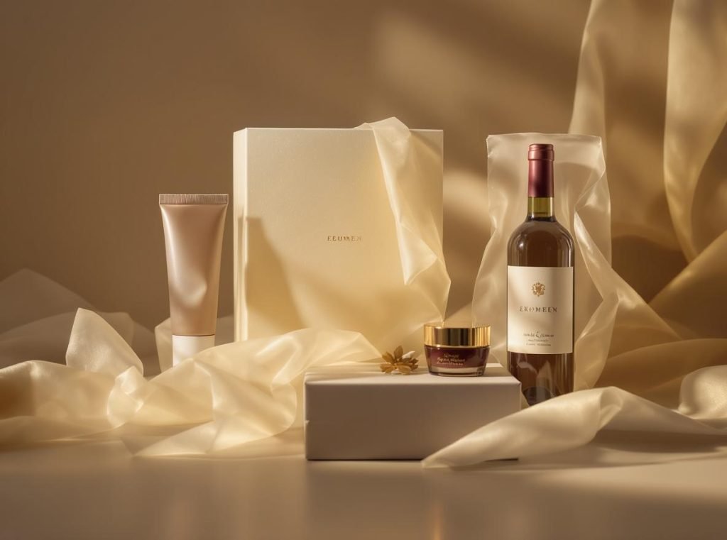 Vellum luxury packaging materials with translucent overlays on premium boxes and bottles