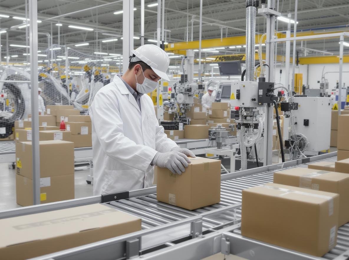 Quality control inspector examining packaging on factory production line
