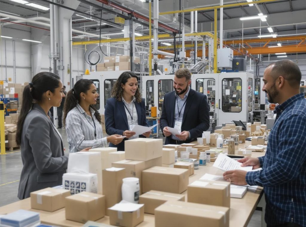 International buyers meeting with Chinese packaging manufacturers reviewing custom packaging samples in factory