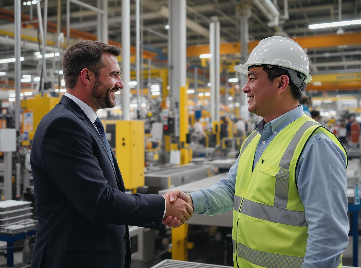 Professional handshake between Western businessman and Chinese factory manager in manufacturing facility