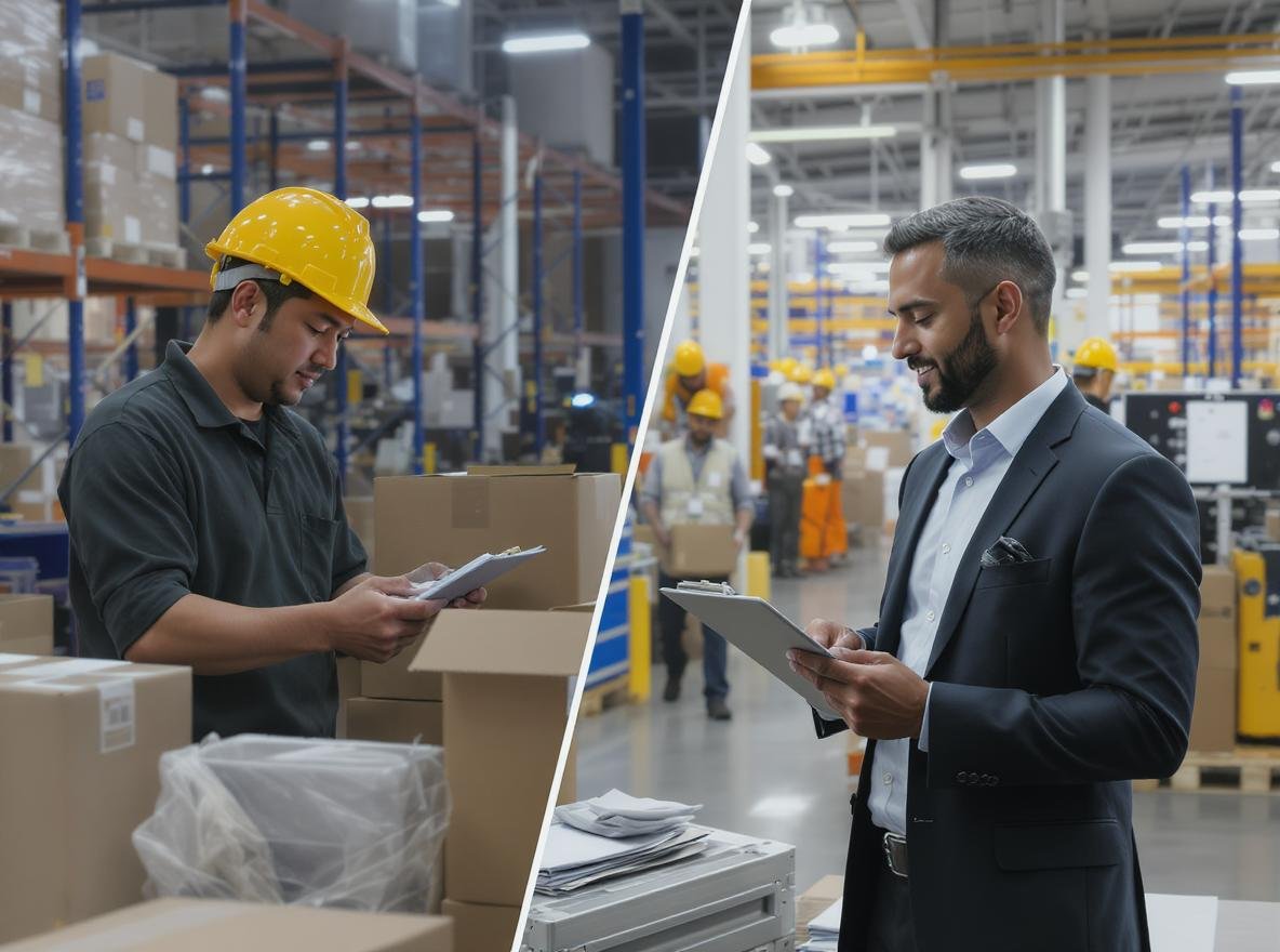 Chinese factory worker and sourcing agent comparison in manufacturing facility