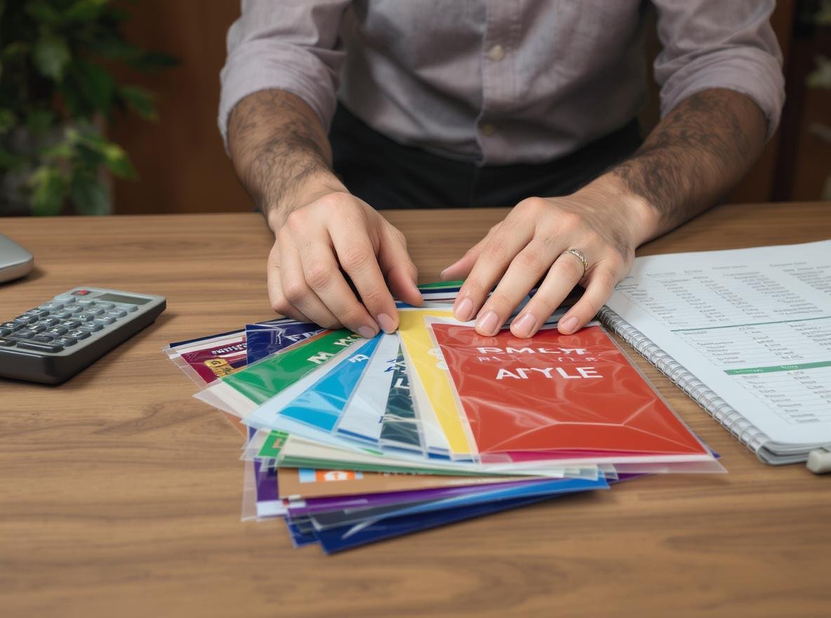 Small business owner reviewing affordable custom packaging options including polybags and paperboard boxes with budget calculations