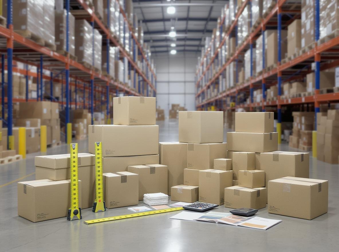 Professional packaging warehouse showing various custom corrugated boxes and measuring tools for size selection