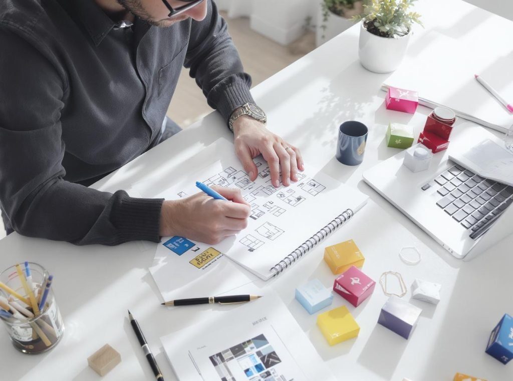 Professional designer creating custom packaging concepts with colorful prototypes and sketches