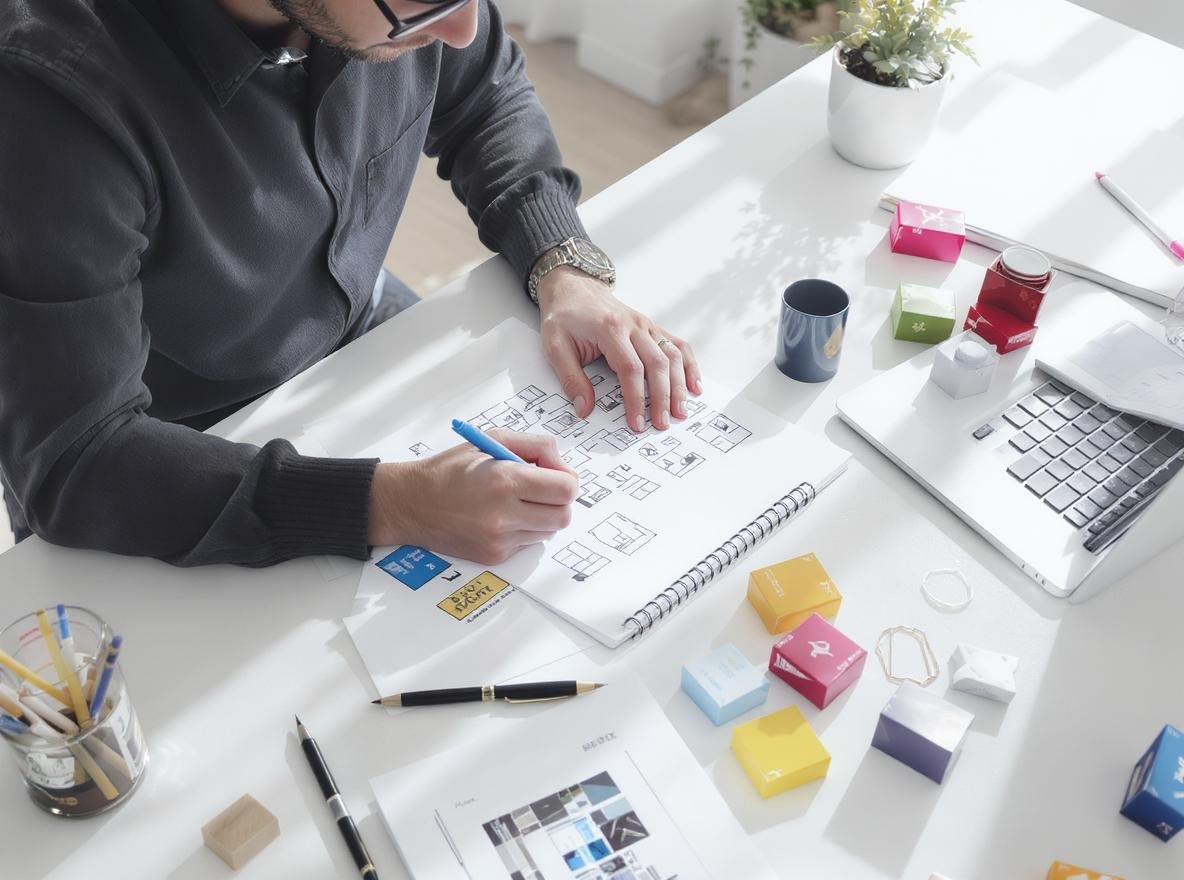Professional designer creating custom packaging concepts with colorful prototypes and sketches