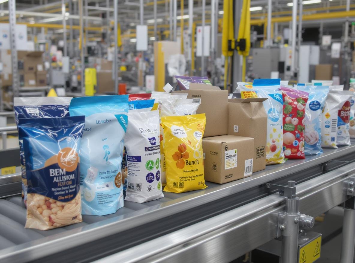 Custom retail packaging boxes showing compliance labeling requirements on manufacturing conveyor belt