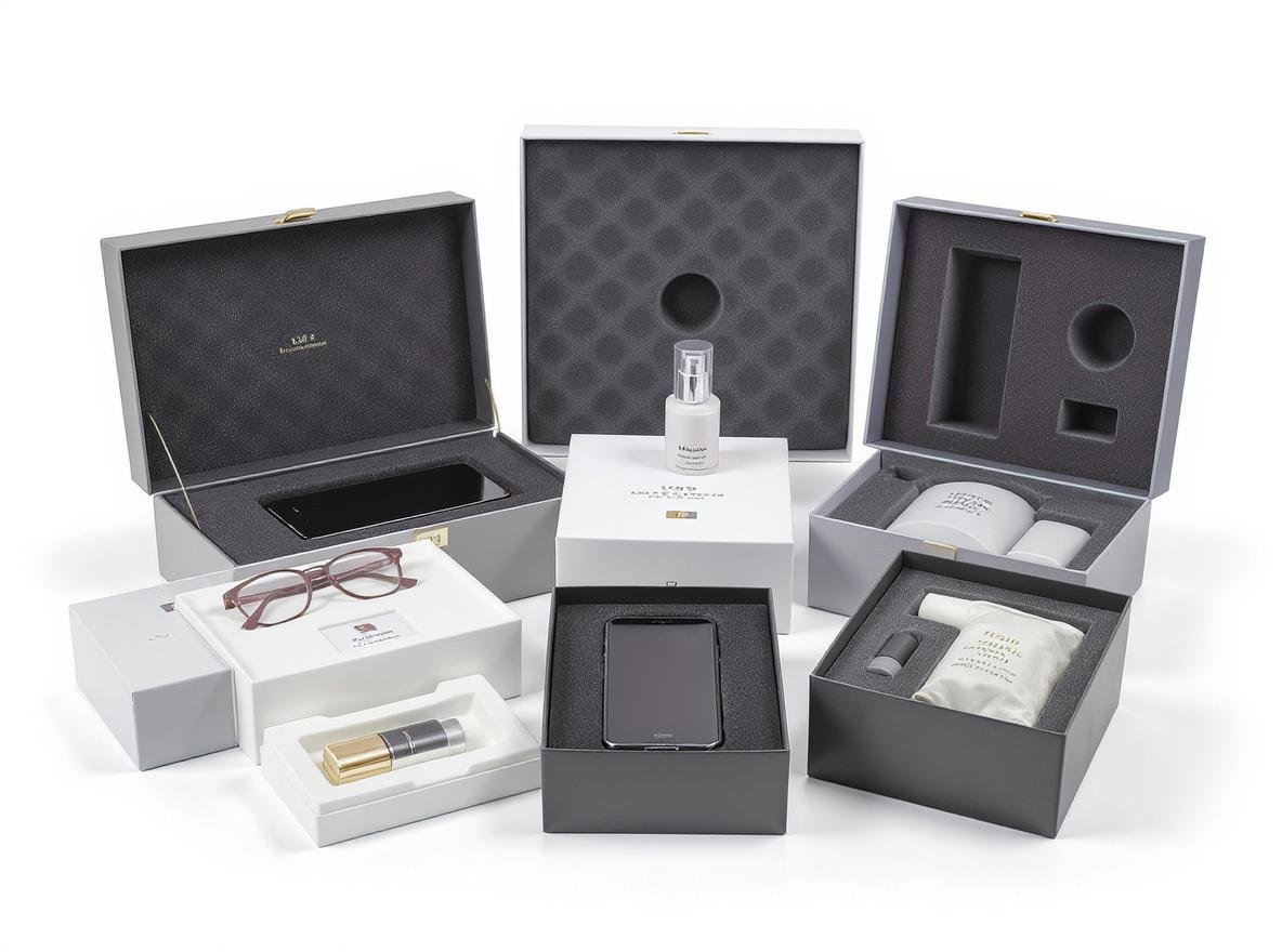 Custom inserts protecting various products including electronics and cosmetics in professional packaging