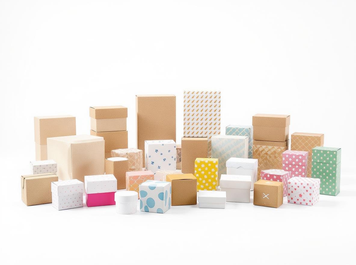 Small batch custom packaging boxes with low MOQ arranged in rows