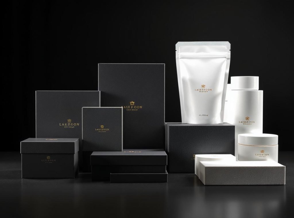 Various luxury packaging finishes including matte, gloss, spot UV, and foil stamping displayed on elegant surface