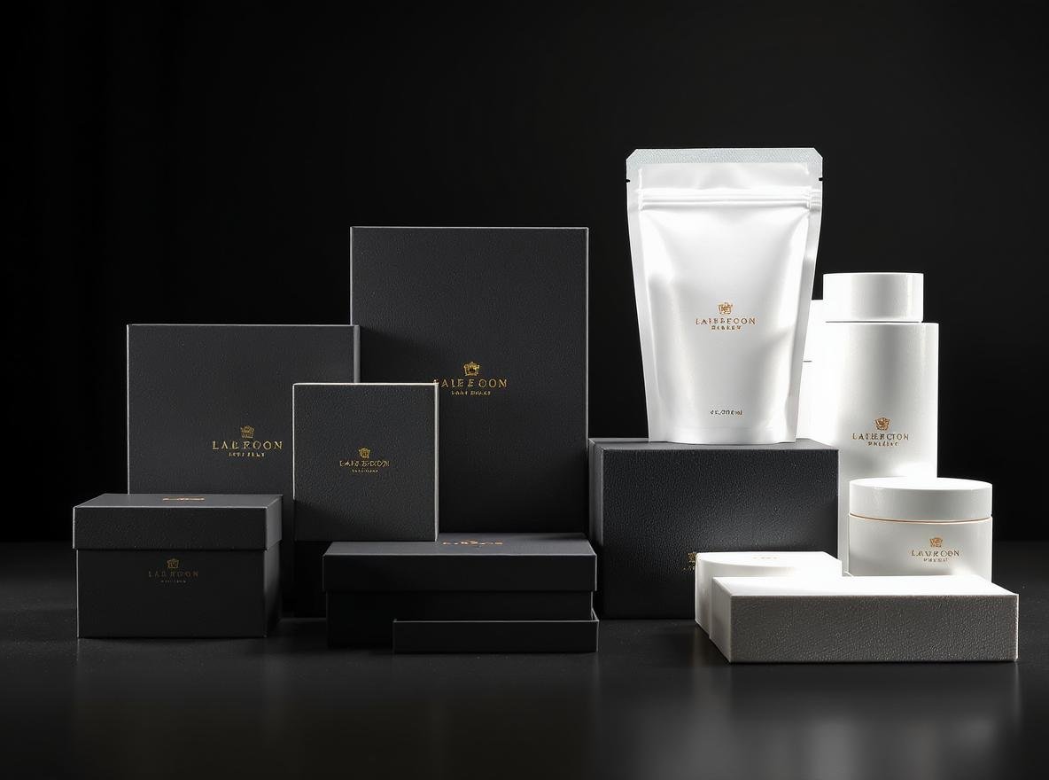 Various luxury packaging finishes including matte, gloss, spot UV, and foil stamping displayed on elegant surface