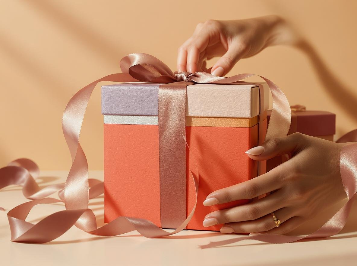 Custom packaging boxes with ribbons being opened by hands showing premium unboxing experience