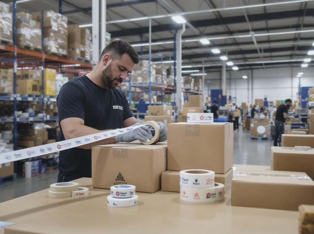 Custom branded tape being applied to packages in professional warehouse setting