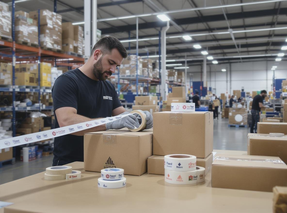 Custom branded tape being applied to packages in professional warehouse setting
