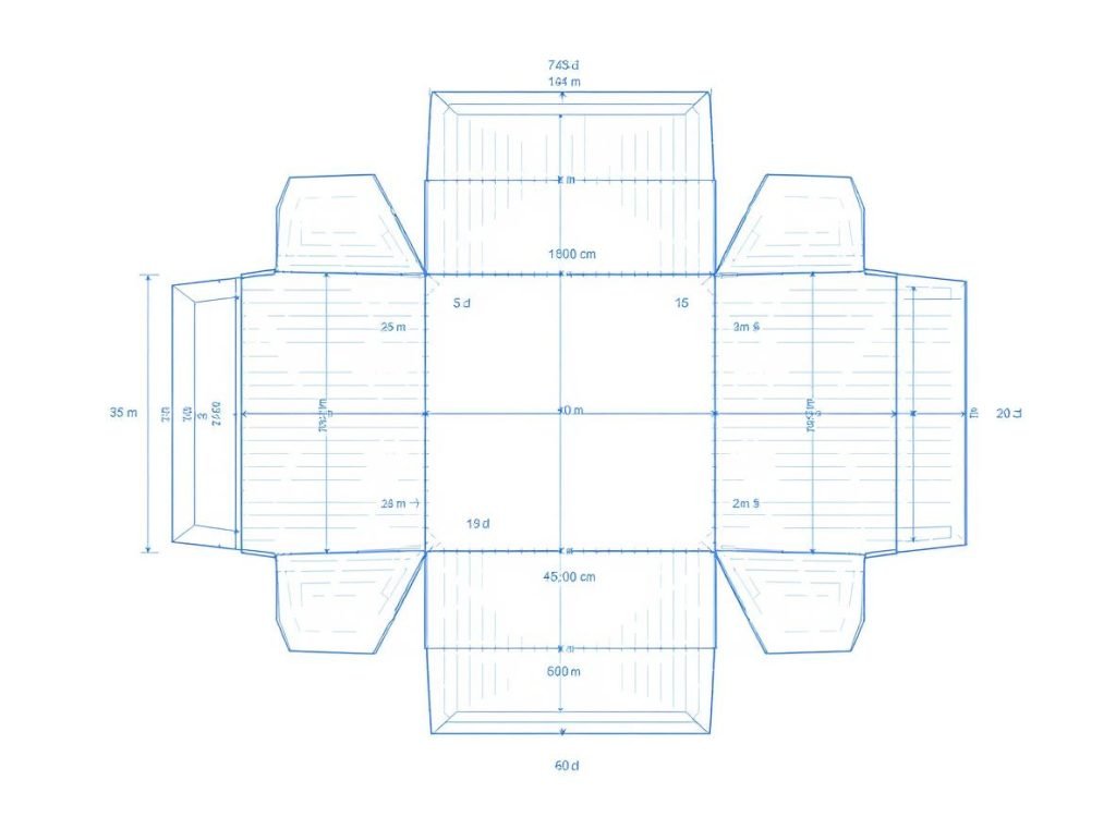 Professional dieline blueprint showing unfolded custom box template with cut lines and fold lines