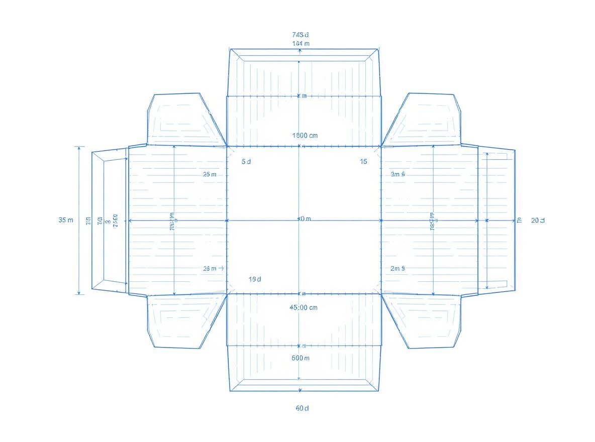 Professional dieline blueprint showing unfolded custom box template with cut lines and fold lines