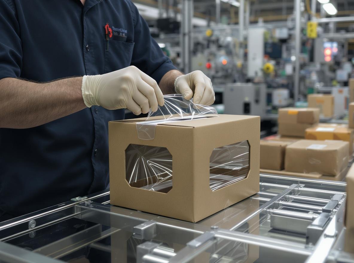 Professional window patching process on custom boxes in modern packaging factory
