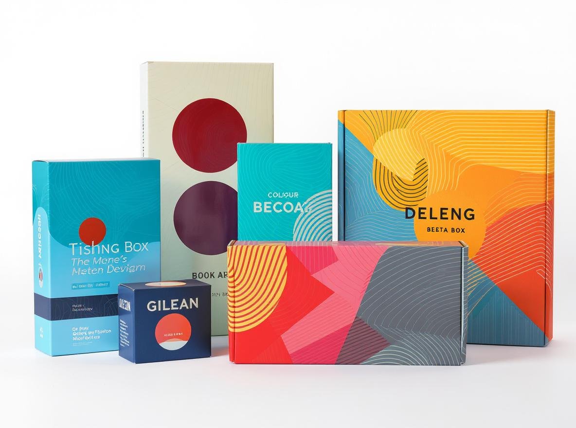 Five eye-catching custom boxes displaying essential design elements including color, typography, and premium materials