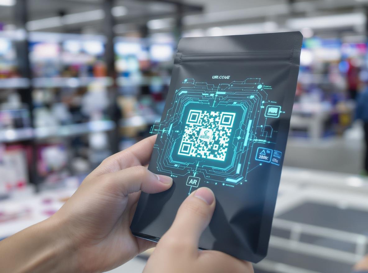 Modern smartphone scanning QR code on premium product packaging with digital interface