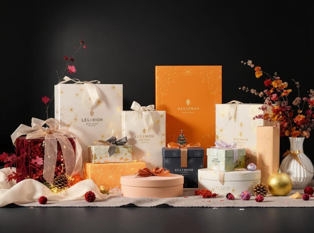 Seasonal custom packaging display showing Christmas, Halloween, spring and summer themed product boxes with premium materials and gold foil accents